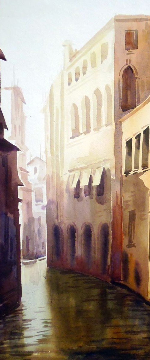 Morning Canals at Venice - Watercolor Painting by Samiran Sarkar