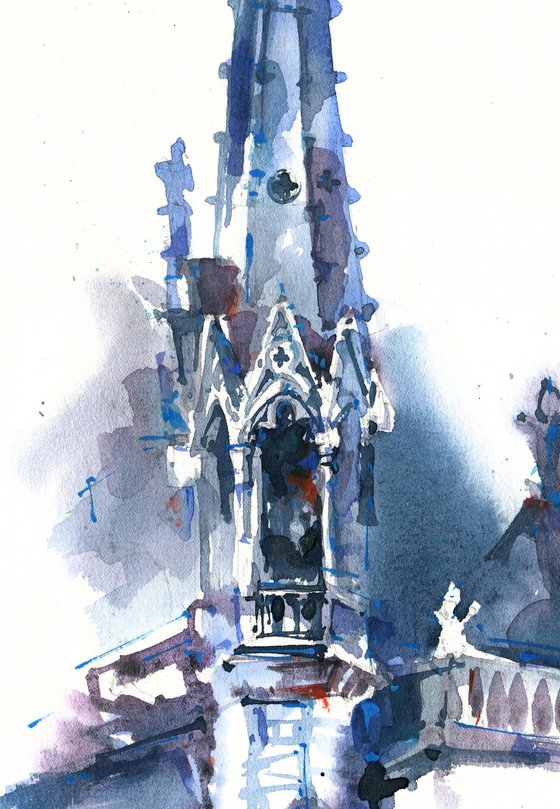 "The Gothic Tower of Notre Dame Cathedral" watercolour sketch