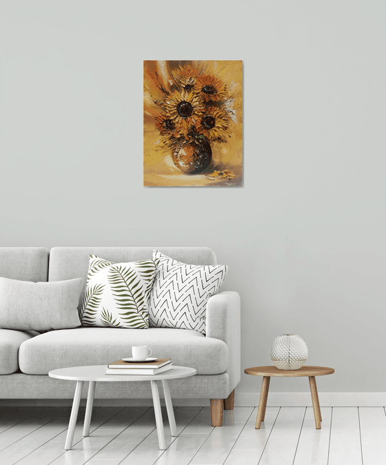 Sunflowers in the vase (55x70cm, oil painting,  ready to hang)