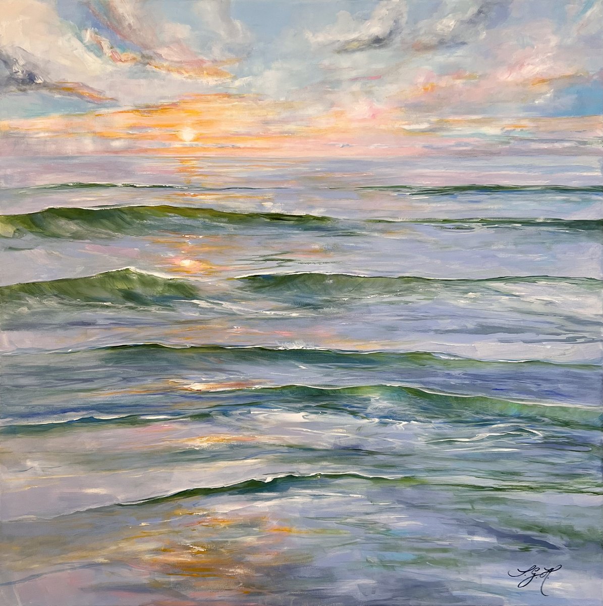 Impressionistic Landscape Acrylic Painting By Sandra Gebhardt-Hoepfner, 31 X 31", Oceanlove 8, Original Artwork