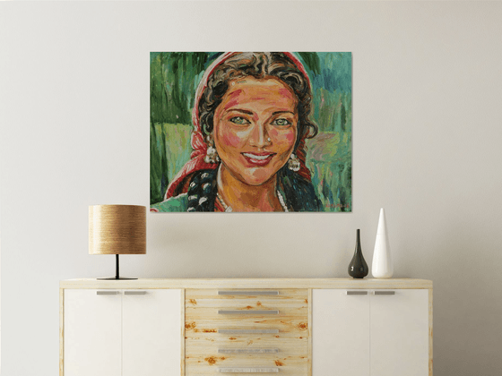 GIRL IN A RED SCARF - portrait of an Indian girl, original painting oil on canvas, smile eyes face love beauty