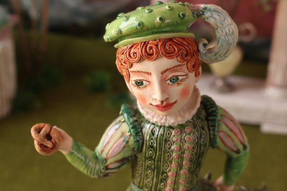 Boy with a pig hiding his rod behind.