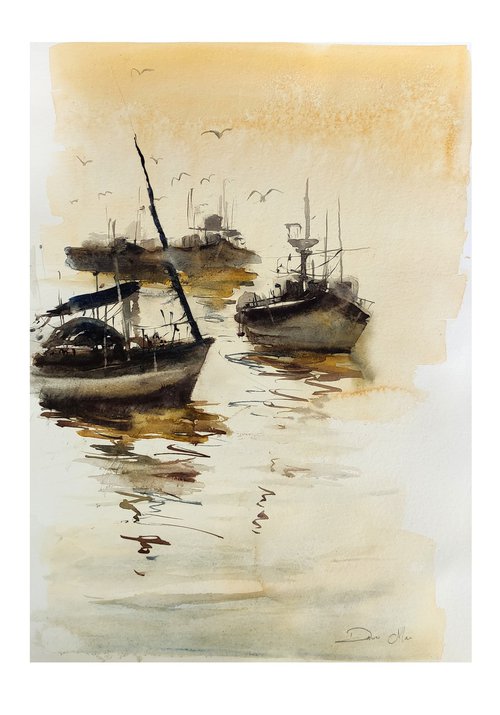 Original Watercolour Painting of boats with sunset, Spain seascape original boat painting, impressionist painting boat, painting of boats by Dawna Mae Mangeart