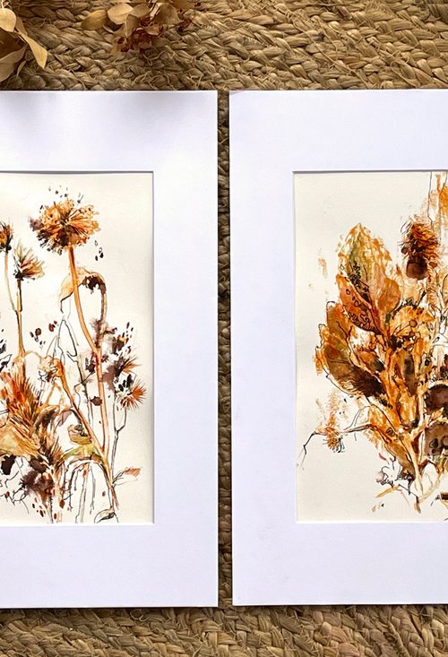 Abstract Botanical Mixed Media Diptych, Herbs and Flowers in Burnt Orange and Earth Colors 2 Paintings Set by Sophie Rodionov