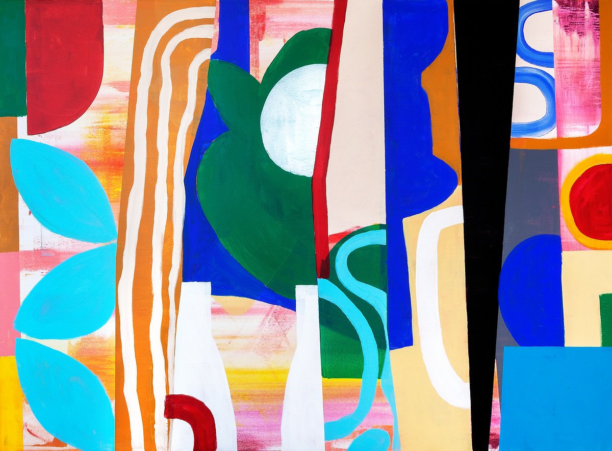 Geometric Abstract Acrylic Painting By Tommy Lennartsson, 59 X 43", Cobolt Shapes, Original Artwork