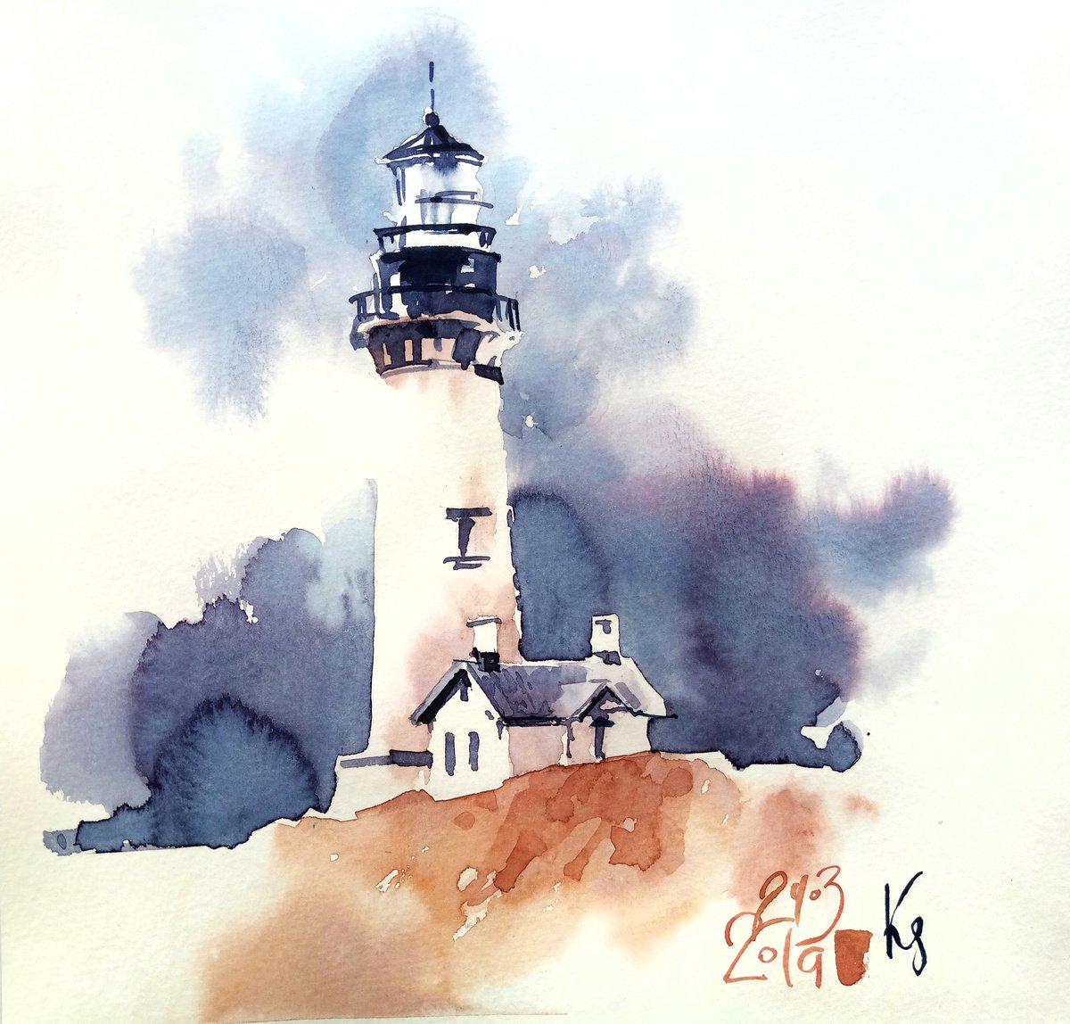 Landscape Lighthouse. Storm at sea original watercolor artwork in square format by Ksenia Selianko