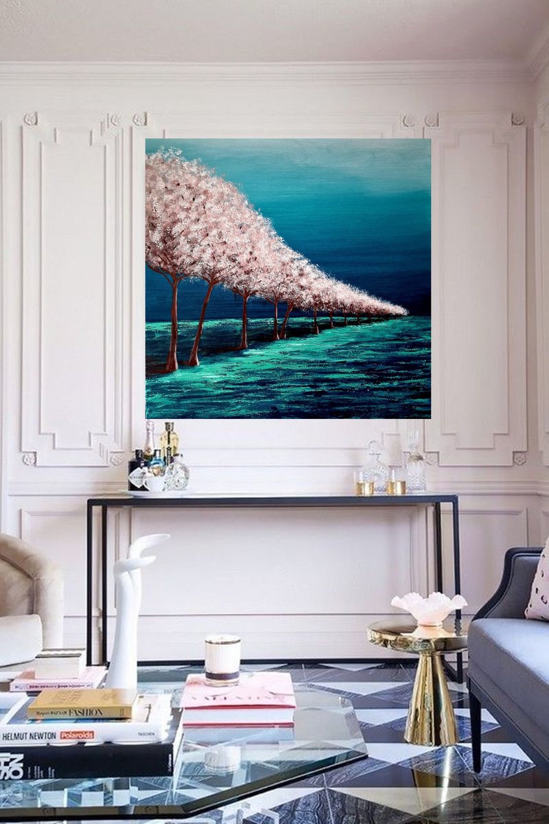 Impressionistic Landscape Acrylic Painting By Danijela Dan, 31 X 31, Cherry Tree Line, Original Artwork