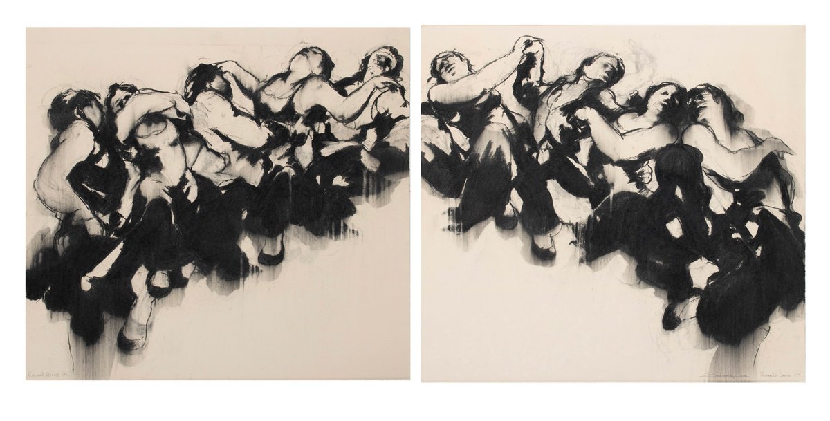 Expressive Portrait Charcoal Drawing By Zil Hoque, 50 X 23", Round Dance 1 & 2, Original Artwork