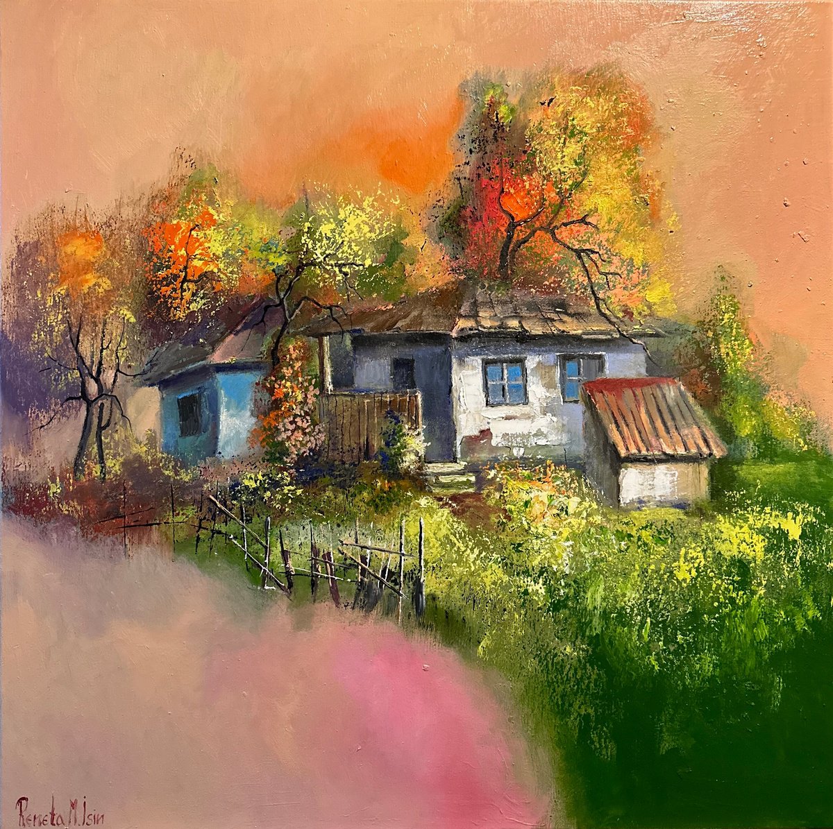 Impressionistic Landscape Oil Painting By Reneta Isin, 28 X 28", " Sunny October ", Original Artwork