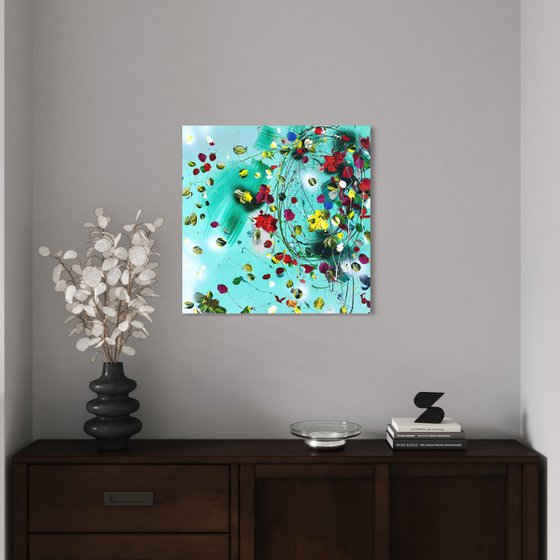 Structure impasto acrylic painting with abstract flowers 60x60cm "Floral Fusion"