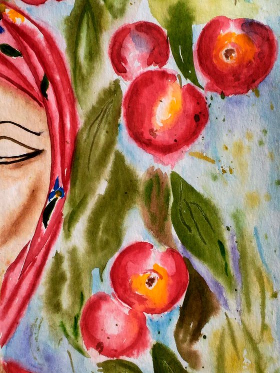 Female Painting Portrait Original Art Ukrainian Woman Watercolor Apple Tree Artwork Red Apples Home Wall Art 12 by 17" by Halyna Kirichenko