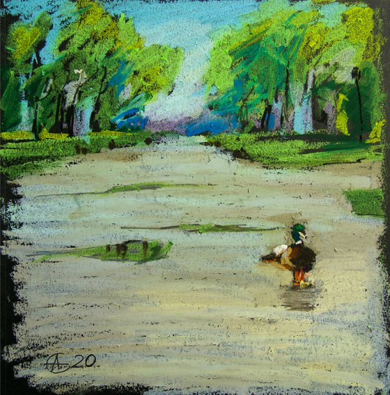 Lonely duck. Oil pastel painting. Small interior decor gift travel england travel London shadow original impression