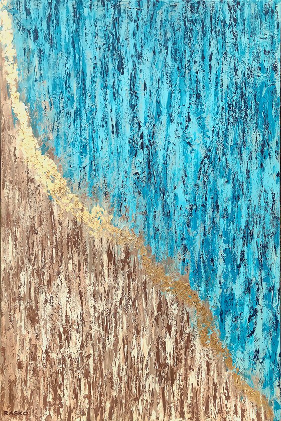 ILUKA - LARGE TEXTURED PAINTING WITH GOLDEN LEAVES 150cm x 100cm