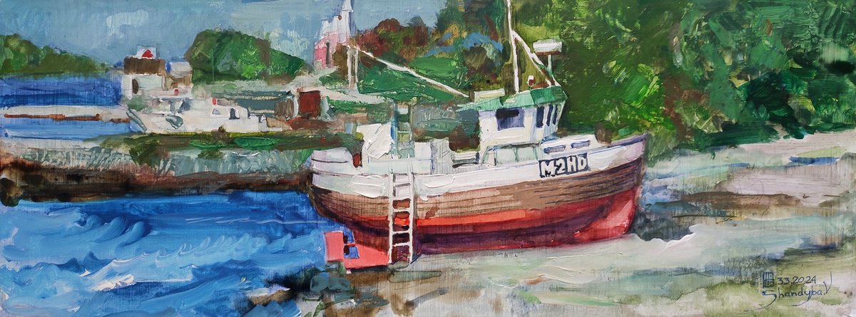 Impressionistic Landscape Watercolour By Vladimyr Shandyba, 26 X 10", Fishing Ship. Hessa., Original Artwork