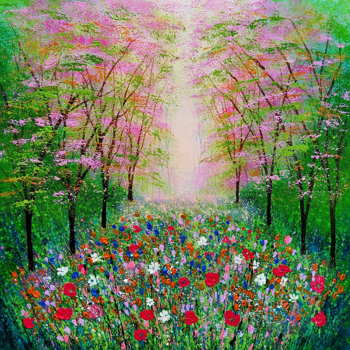 Impressionistic Landscape Acrylic Painting By Amanda Horvath, 24 X 24, Wildflower Forest Glade, Original Artwork