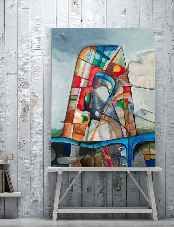 House at the river Large abstract painting