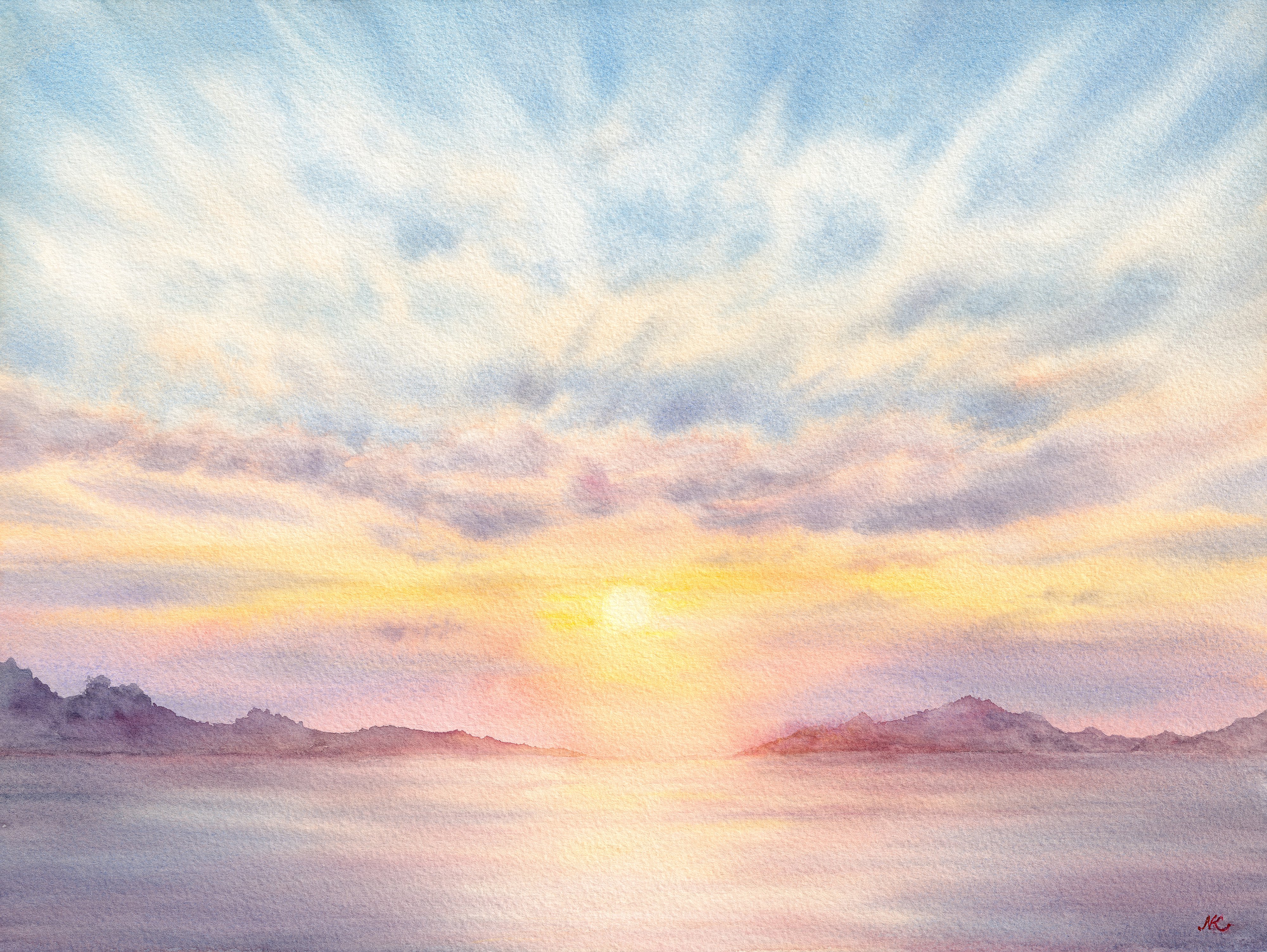 Impressionistic Landscape Watercolour By Kateryna Nazarenko, 12 X 9", Sunset Dream, Original Artwork