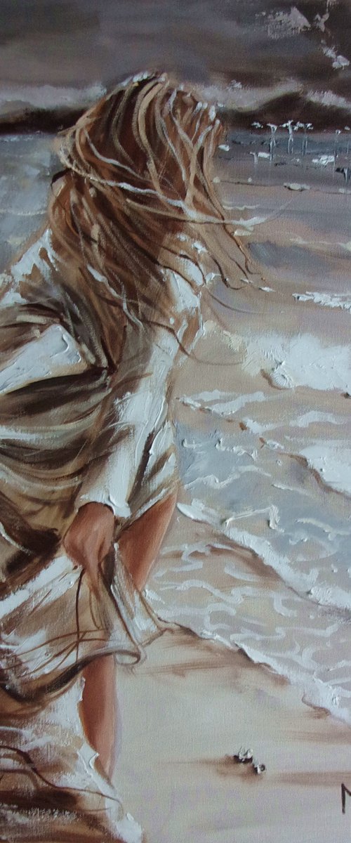 FOR ANNA " DANCING WITH THE WAVES " SUN SKY SEA SAND liGHt  ORIGINAL OIL PAINTING, GIFT, PALETTE KNIFE by Monika Luniak