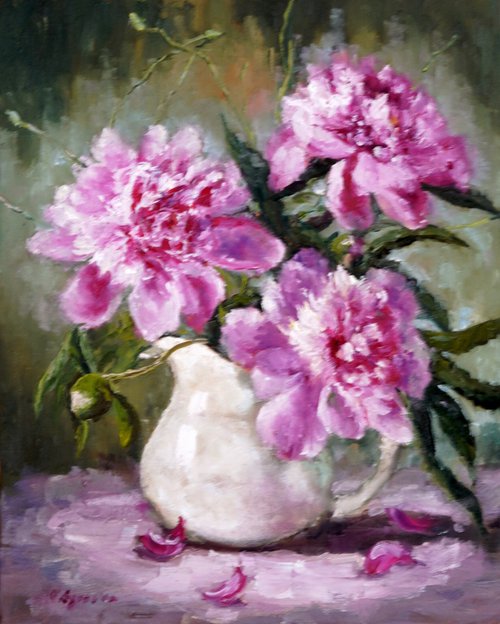 Peonies in White Vase by Olga Egorov