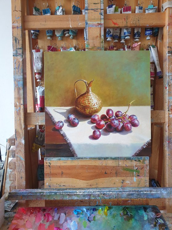 "Still life with grapes and an old brass jug." still life grapes old brass jug summer  liGHt original painting  GIFT (2020)