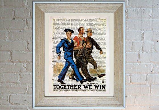 Together We Win - Collage Art Print on Large Real English Dictionary Vintage Book Page