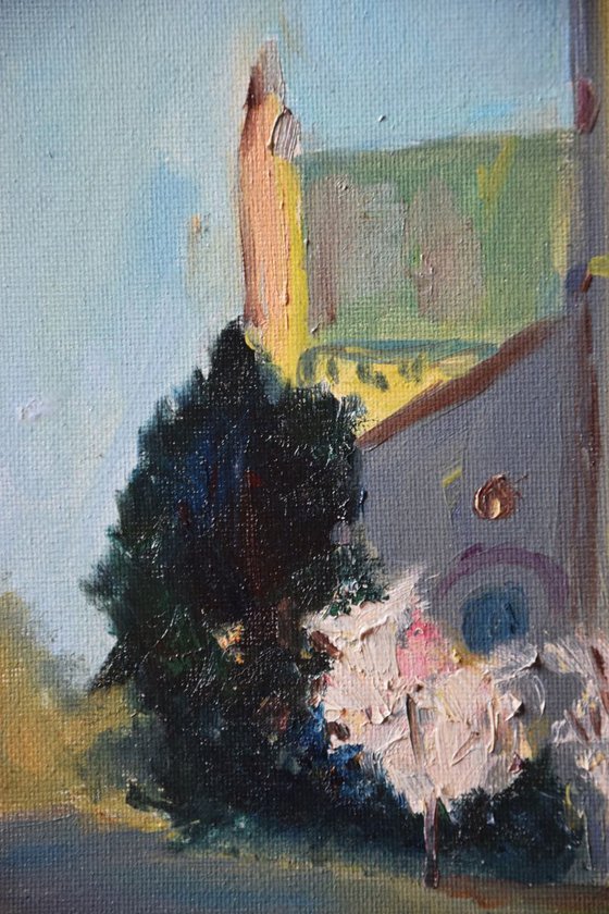 Oil painting Blossoming Church Blumental in Bratislava, Slovakia