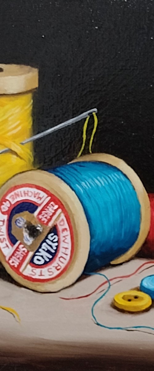 Vintage Cotton reels with buttons still life by Jane Palmer Art
