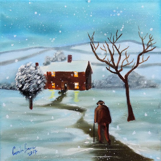 Winter walk going home art oil painting on canvas