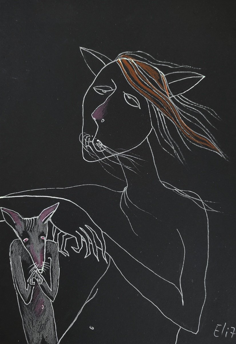 Expressive Animal Drawing By Elisheva Nesis, 9 X 13, Familiar, Original Artwork