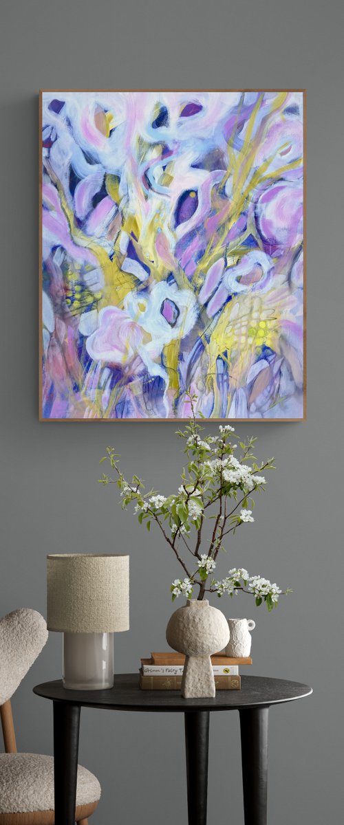 21- large format acrylic painting, pink yellow, abstract bouquet flowers, birthday, for her by Yulia Ani