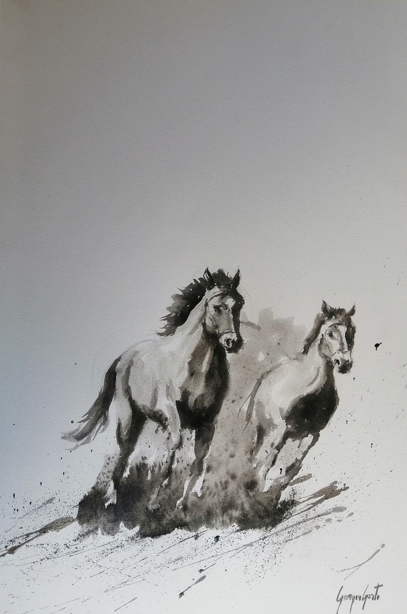 Impressionistic Animal Painting By Giorgio Gosti, 14 X 21, Horses 15, Original Artwork
