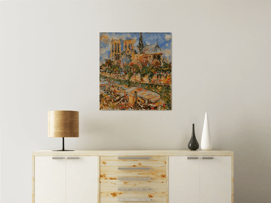 VIEW OF NOTRE DAME DE PARIS - Barges on the Seine Landscape - Oil Painting - Cityscape of Paris - Impressionism - Medium Size - Gift