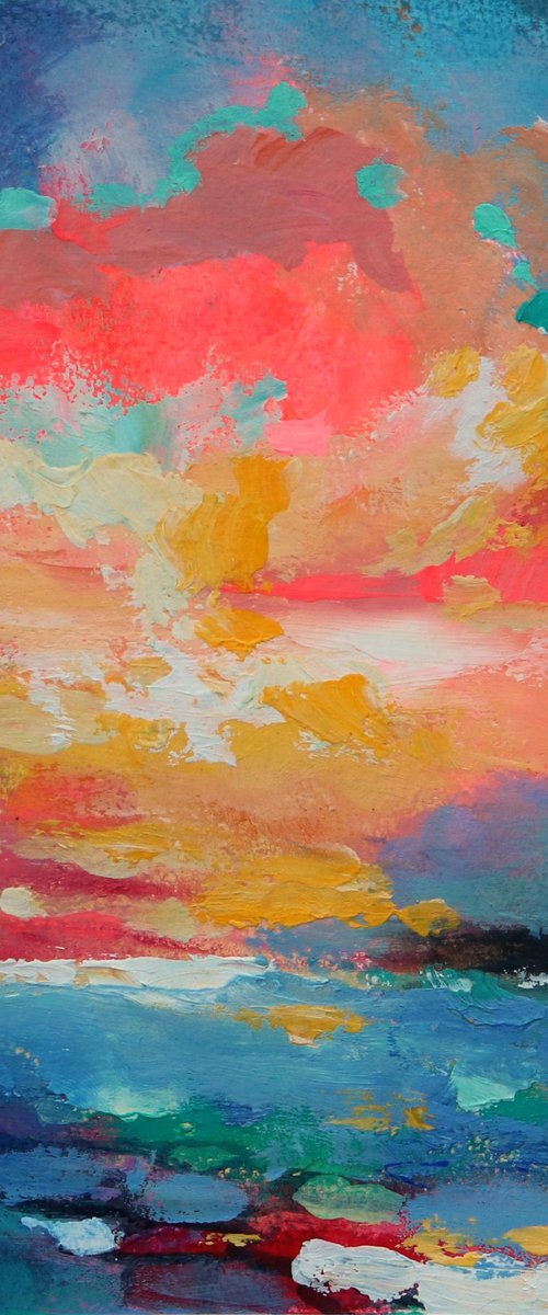 Sunset on the Coast 8x8" Small Ocean and Sky Scene on Paper by Kerri McCabe