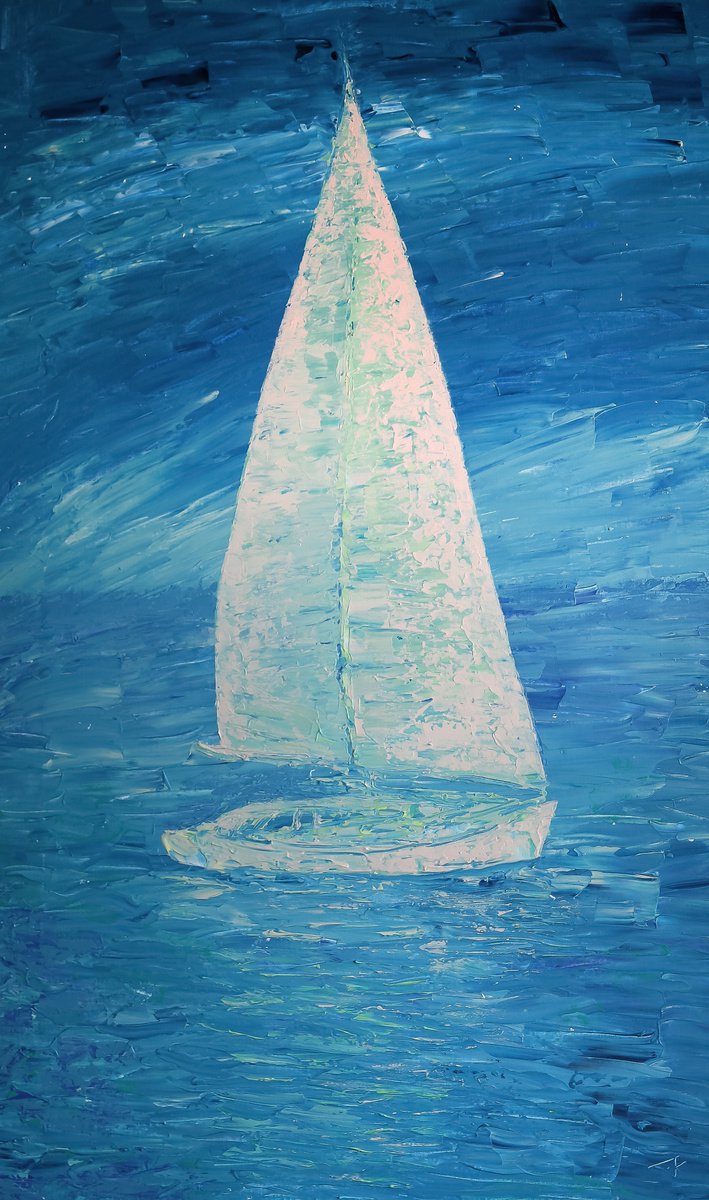 Blue sea and white sailboat by Denis Kuvayev