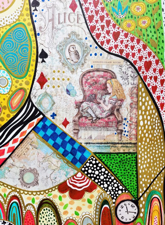 Alice in Wonderland - original fine art, fantasy fairy tale cartoon artwork, vivid colorful mixed media collage abstract painting