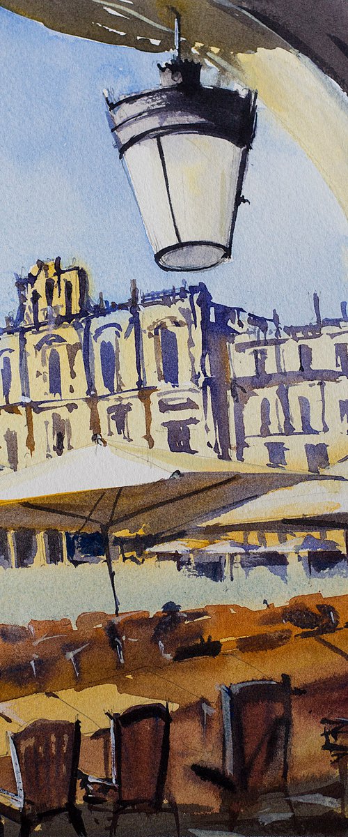 Salamanca. Plaza Mayor view. Original small watercolor spain castilla y leon urban city landscape architecture warm by Sasha Romm