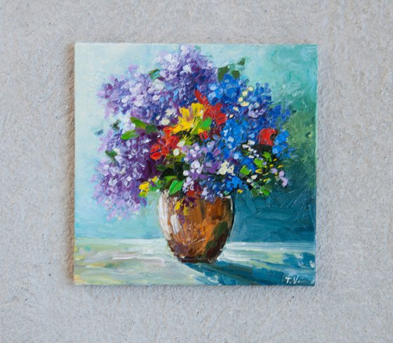 Lilac bouquet. Small oil painting. 6 x 6in.