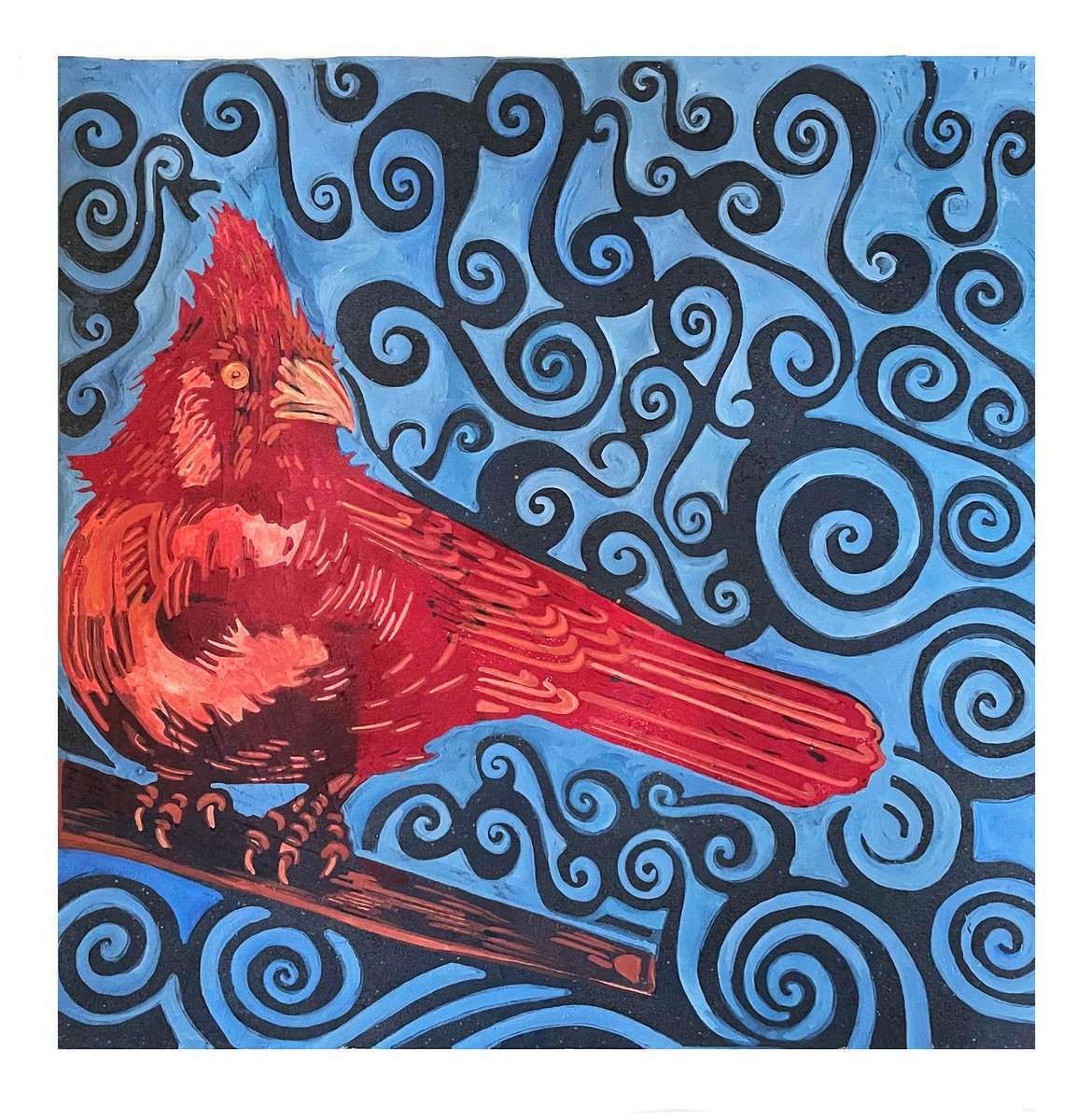 Illustrative Animal Linocut By Laurel Macdonald, 15 X 15", Cardinal, Original Artwork