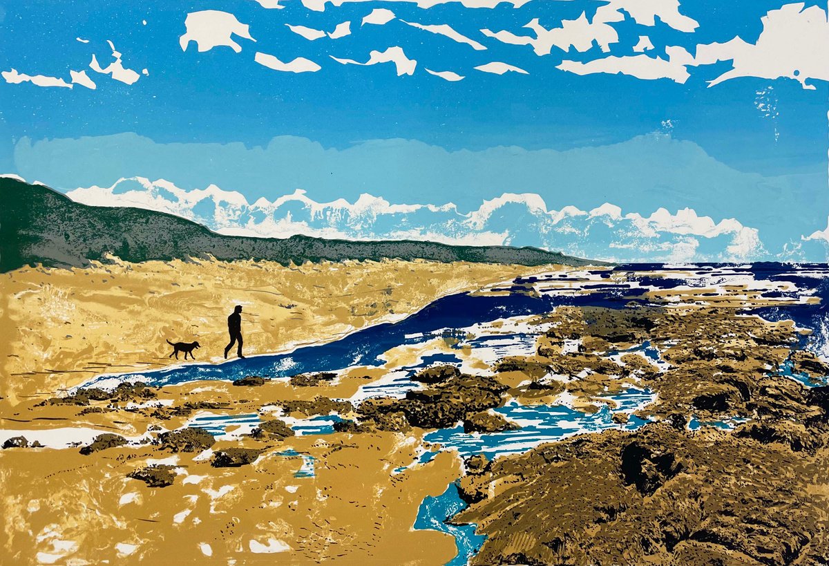 Landscape Screenprint By Tim Southall, 27 X 19", A Walk On The Beach, Original Artwork