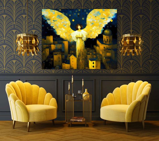 Night Angel. Fairytale cityscape. Original large format fantasy surrealism mythology legend art, symbolic artwork, romantic golden and dark blue wall art for home decor. Nice lovely gift.