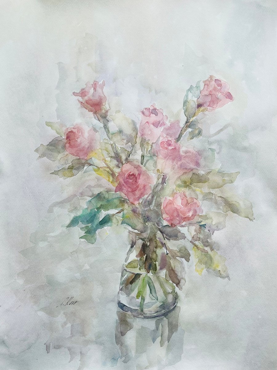 Impressionistic Botanical Watercolour By Elena Klyan, 20 X 26, Roses # 50X65 Cm 2025, Original Artwork