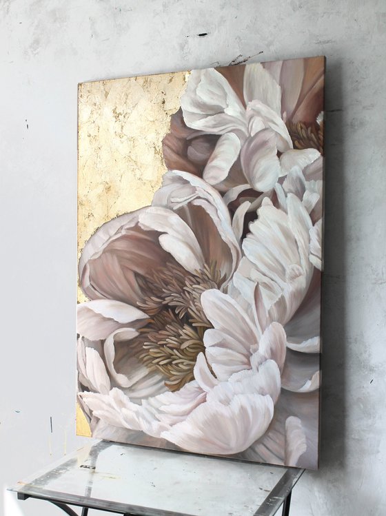 "Golden Silk Flowers" Gold white peony art