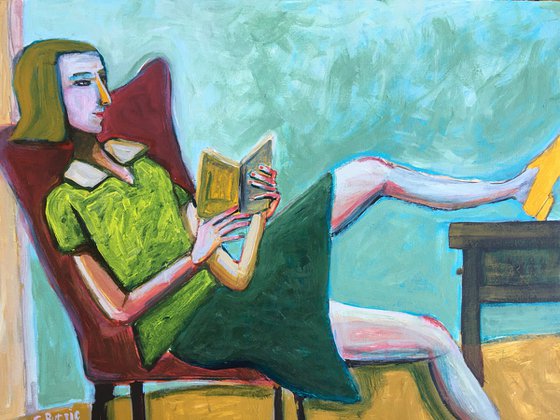 Woman Reading Impressionist Lady in Chair Relaxing