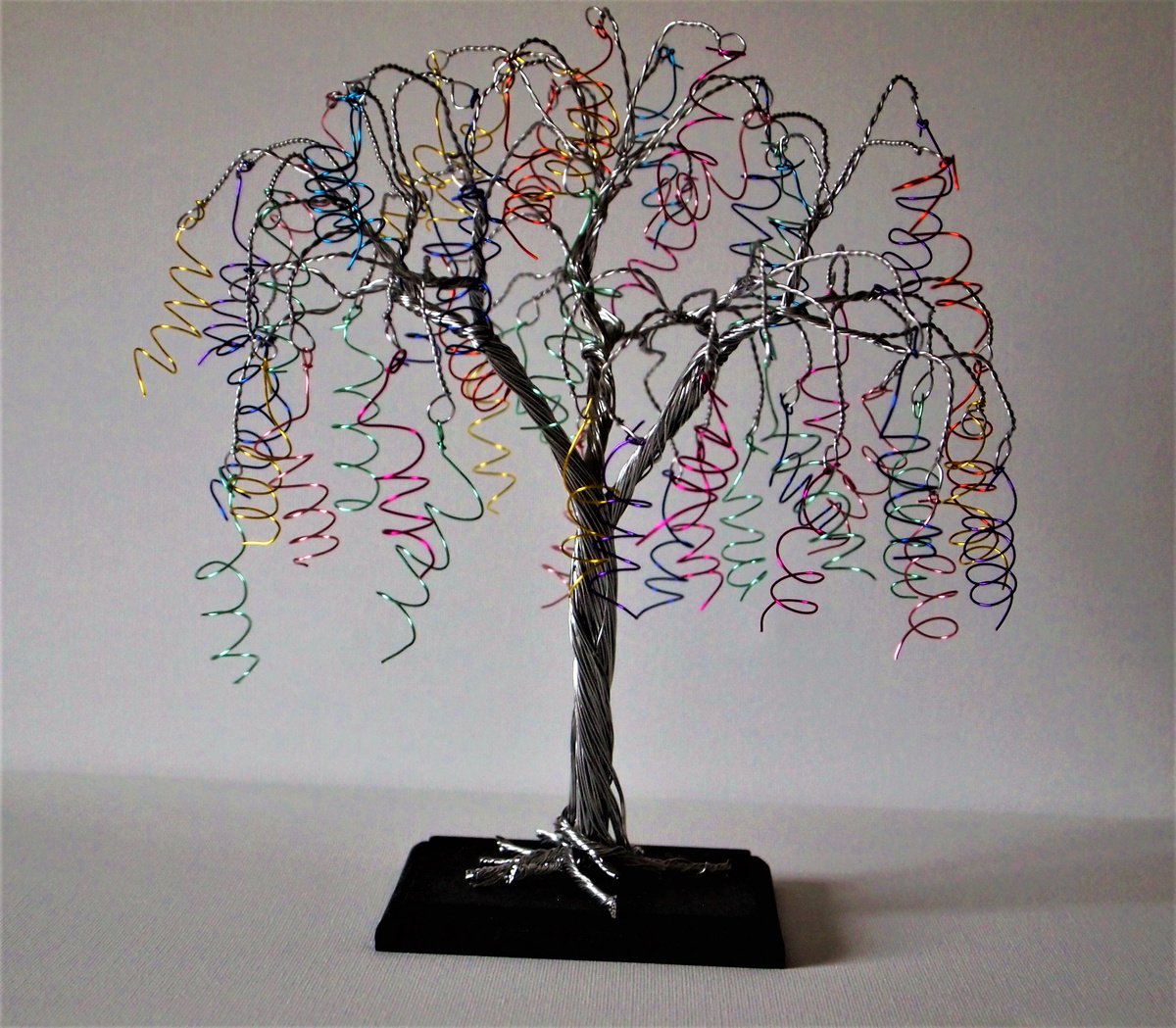 Silver Wire Tree Sculpture with coloured spirals by Steph Morgan