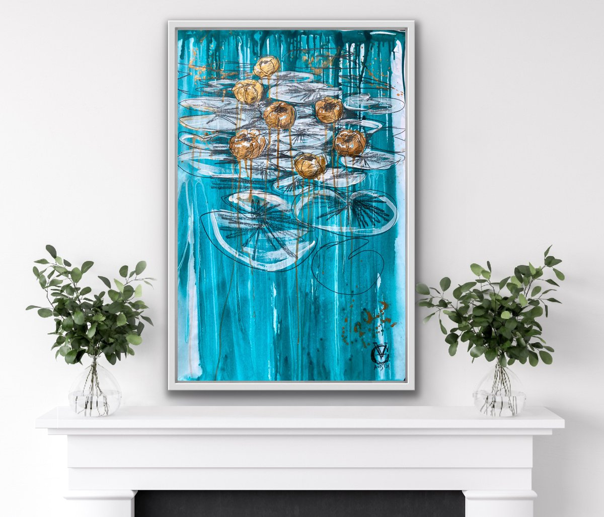 Abstract Botanical Painting By Valeria Golovenkina, 24 X 35", Water Lilies, Original Artwork