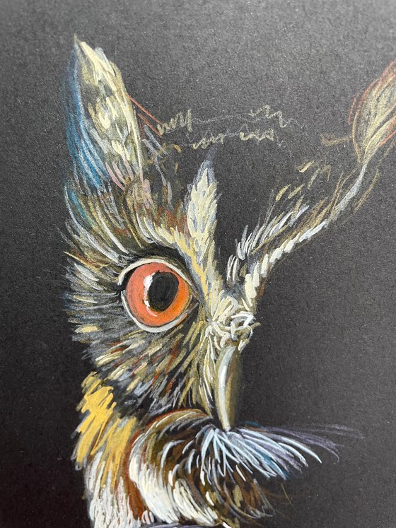 Owl Original Pencil Painting, Mixed Media Artwork, Animal Wall Art, Bird Lover Gift