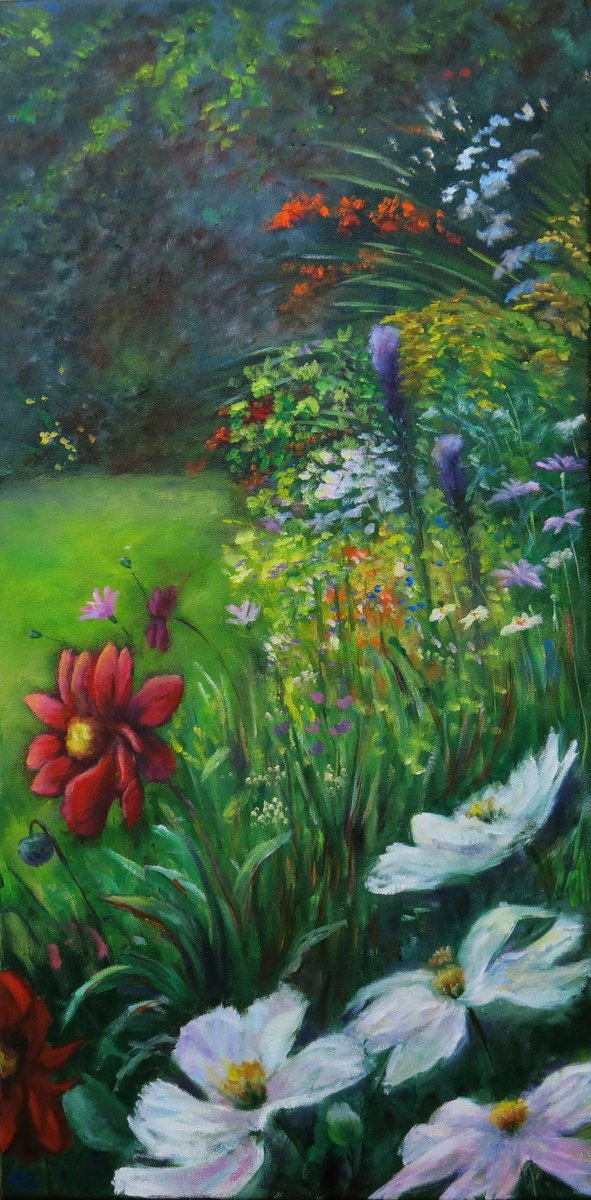 Impressionistic Botanical Oil Painting By Maureen Greenwood, 12 X 24", Scene From My Garden 2, Original Artwork