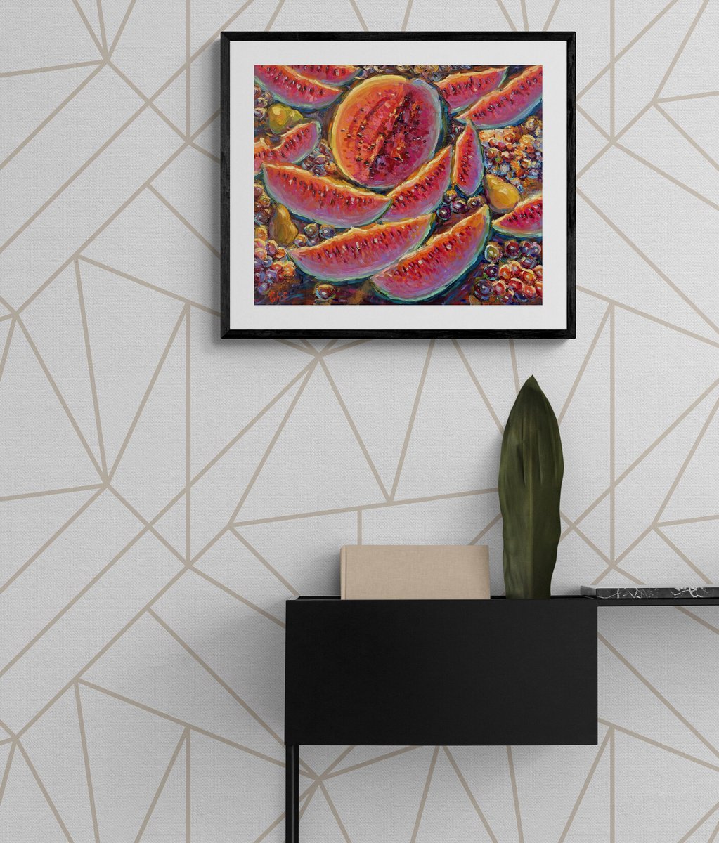 Impressionistic Still Life Oil Painting By Evgeny Chernyakovsky, 24 X 20, Watermelon, Original Artwork