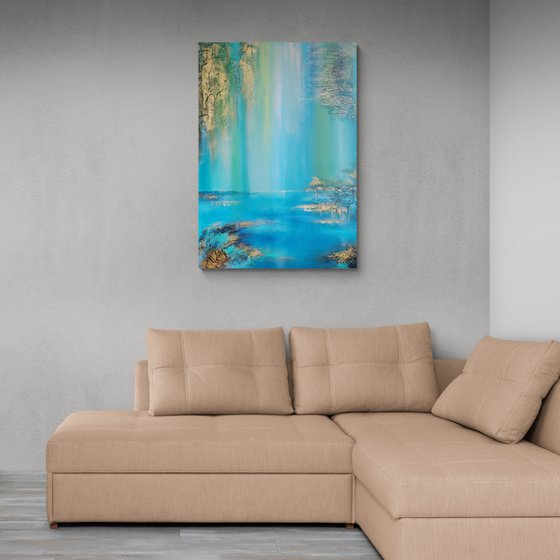 A large abstract beautiful structured mixed media painting of a lake "Under the willow"