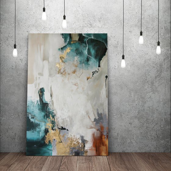 "Teal bloom" Emerald green gold abstract art